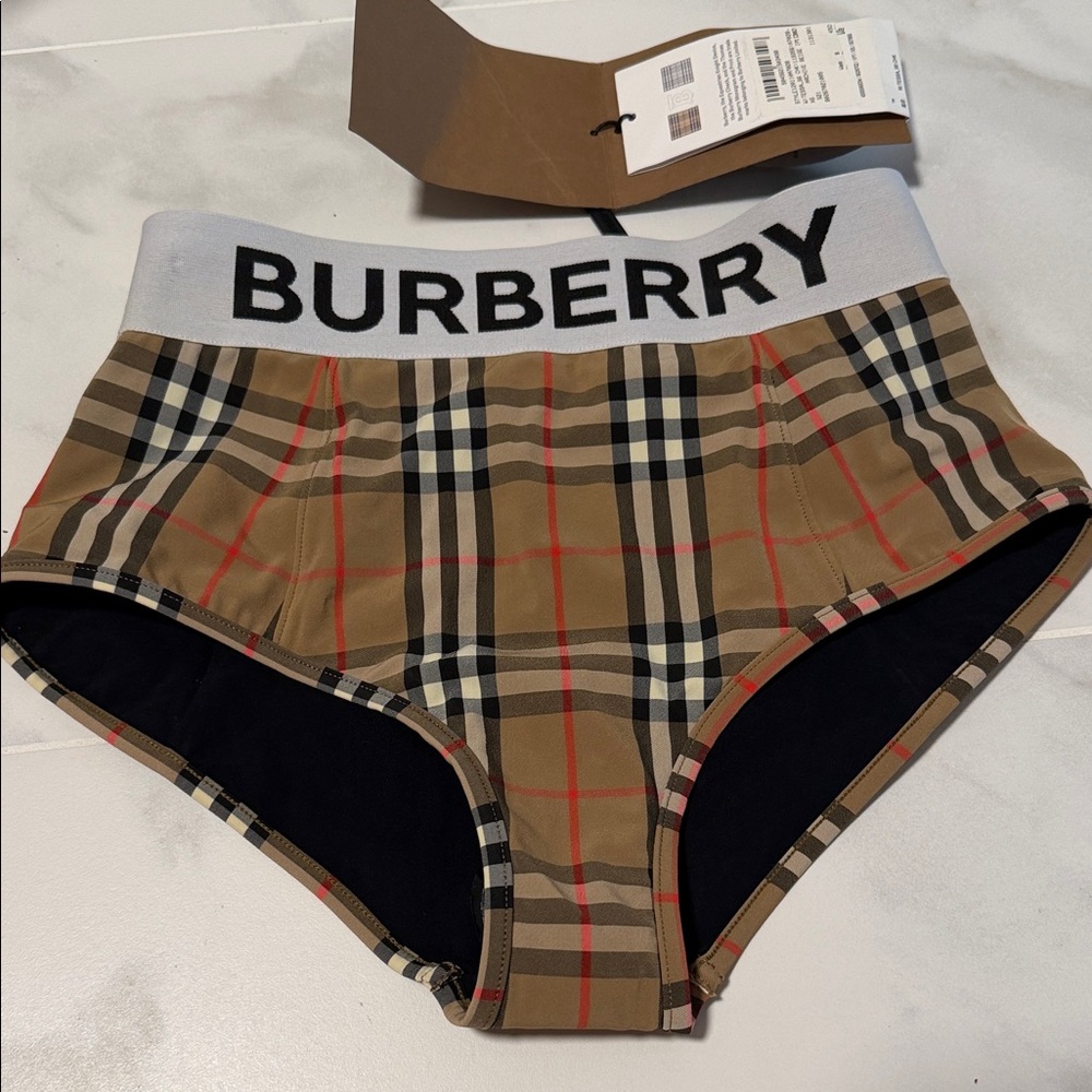 Burberry Plaid High-Waisted Briefs - Tan and Black